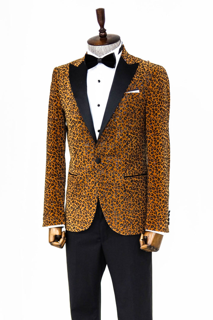 Blazer de fiesta para hombre con solapa de pico, corte entallado y estampado de leopardo, color amarillo