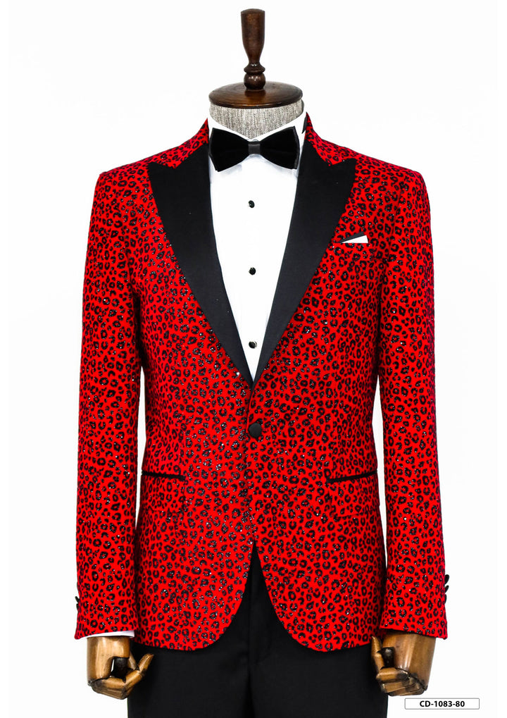 Leopard Pattern Slim Fit Peak Lapel Burgundy Men Prom Blazer