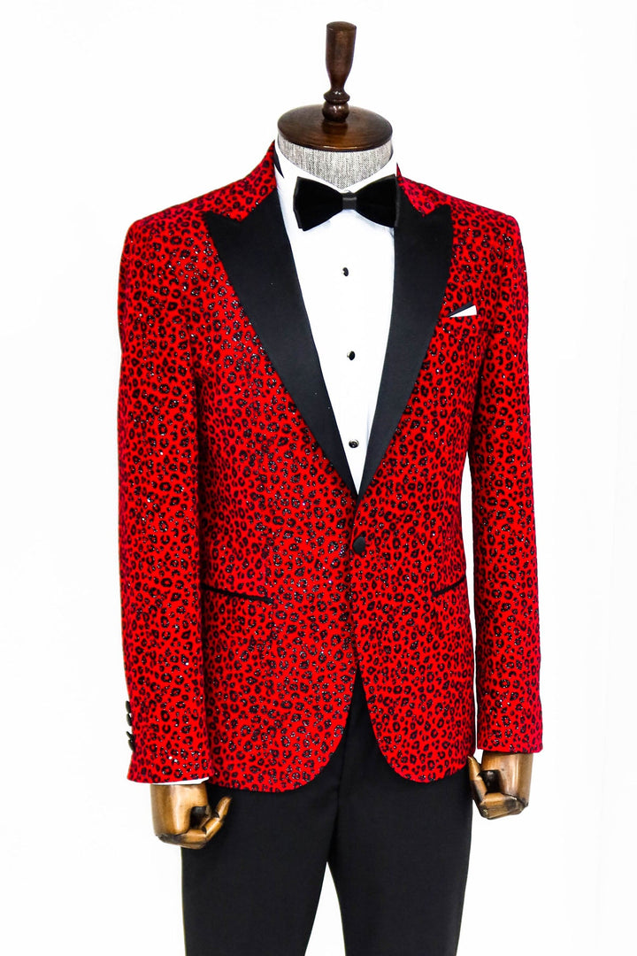 Blazer de fiesta para hombre en color burdeos con solapa de pico y corte entallado con estampado de leopardo