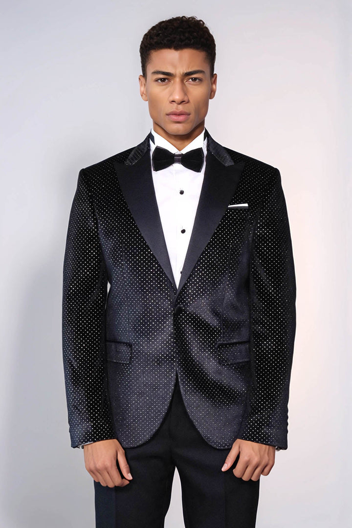 Sparkling Dotted Peak Lapel Men's Black Tuxedo Jacket - Wessi