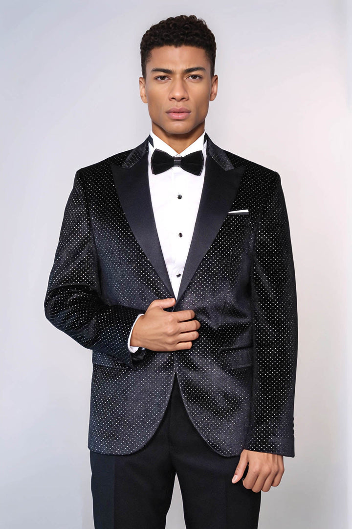 Sparkling Dotted Peak Lapel Men's Black Tuxedo Jacket - Wessi