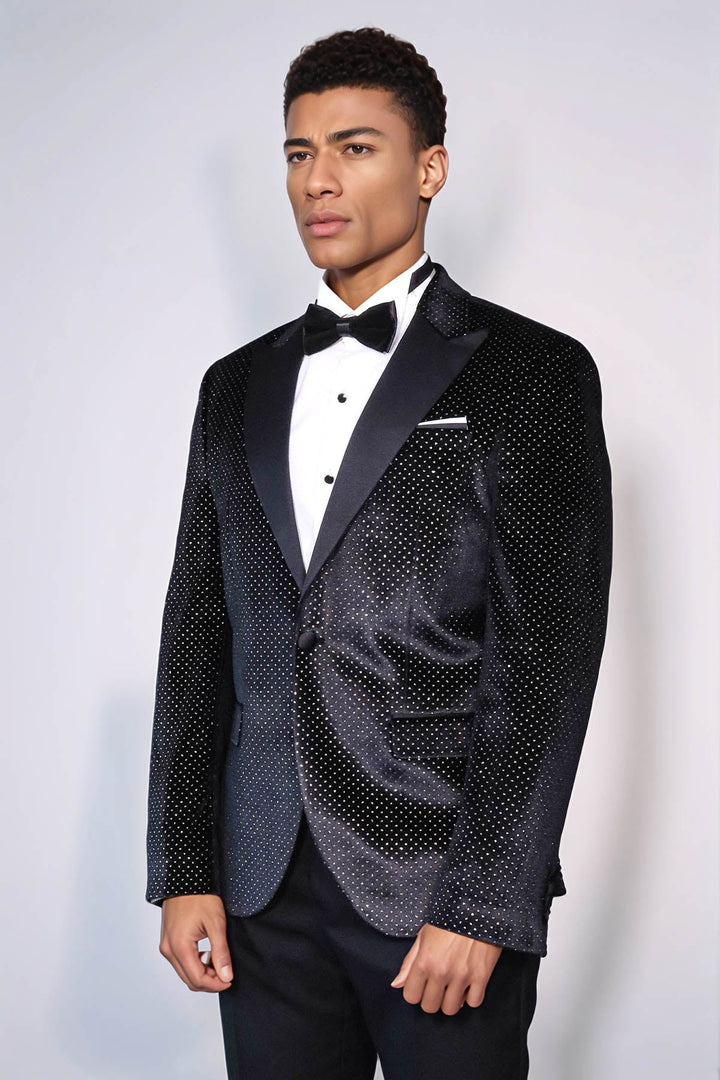 Sparkling Dotted Peak Lapel Men's Black Tuxedo Jacket - Wessi