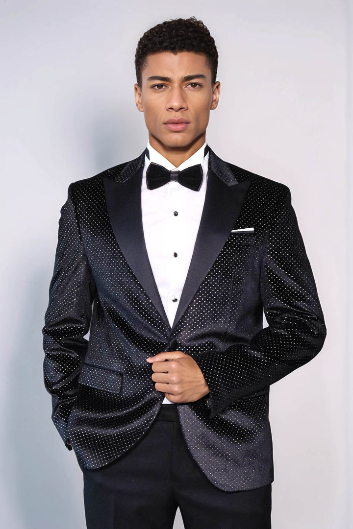 Sparkling Dotted Peak Lapel Men's Black Tuxedo Jacket - Wessi