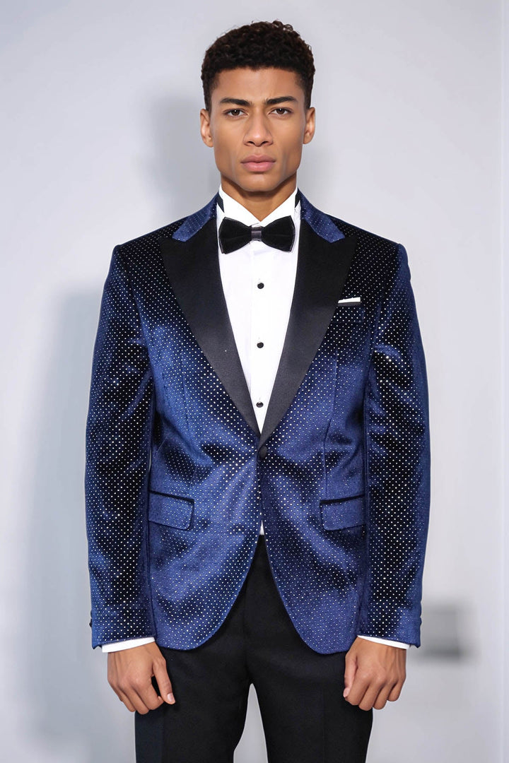 Sparkling Dotted Peak Lapel Men's Navy Blue Tuxedo Jacket - Wessi