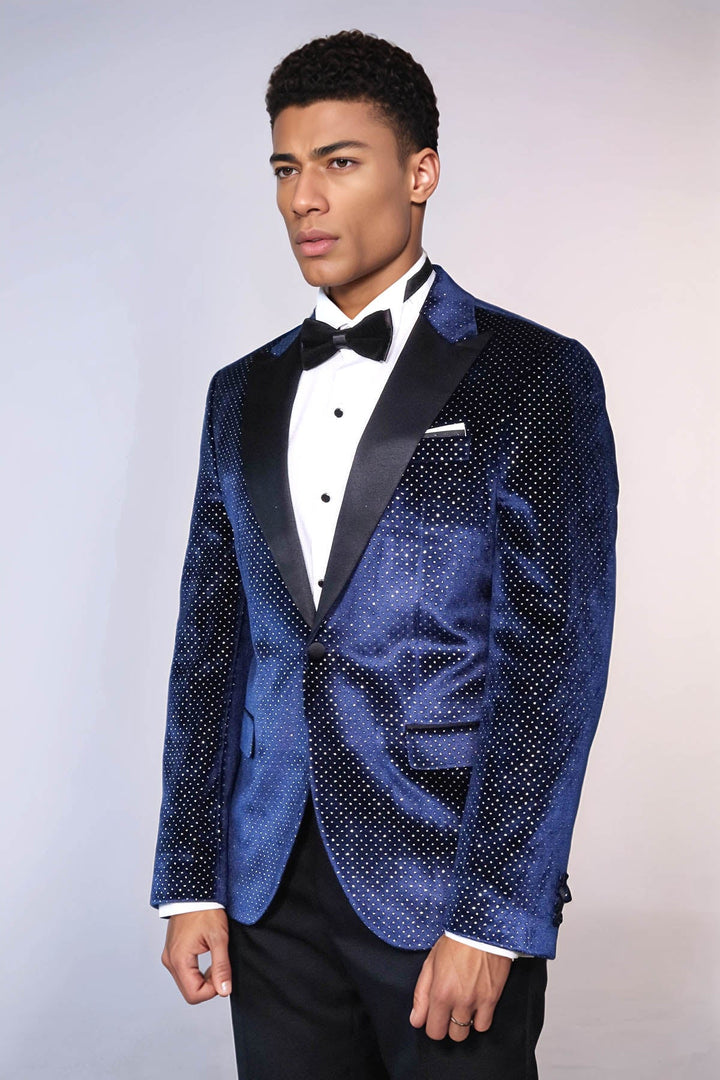 Sparkling Dotted Peak Lapel Men's Navy Blue Tuxedo Jacket - Wessi