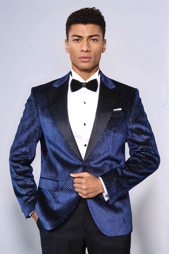 Sparkling Dotted Peak Lapel Men's Navy Blue Tuxedo Jacket - Wessi