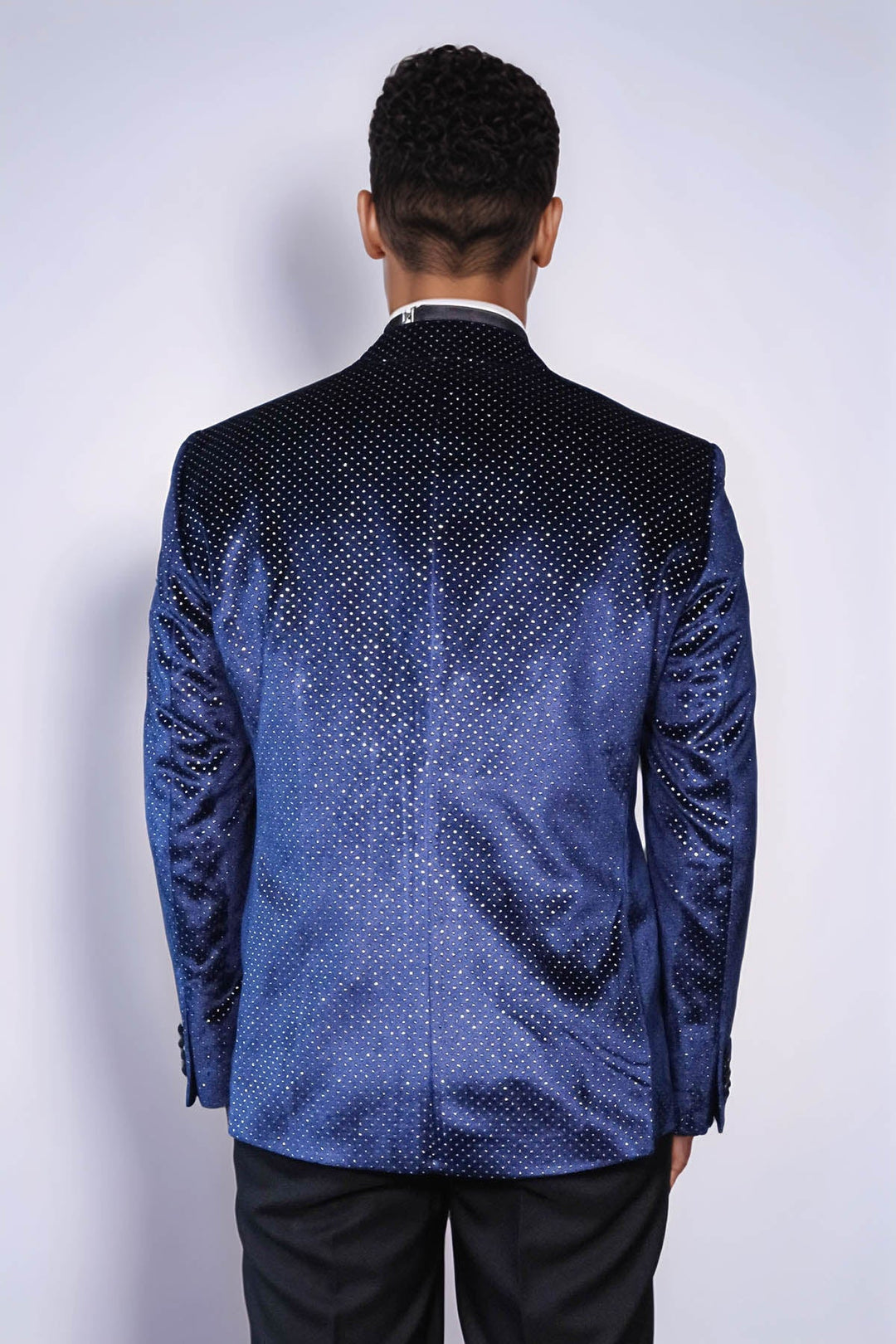 Sparkling Dotted Peak Lapel Men's Navy Blue Tuxedo Jacket - Wessi