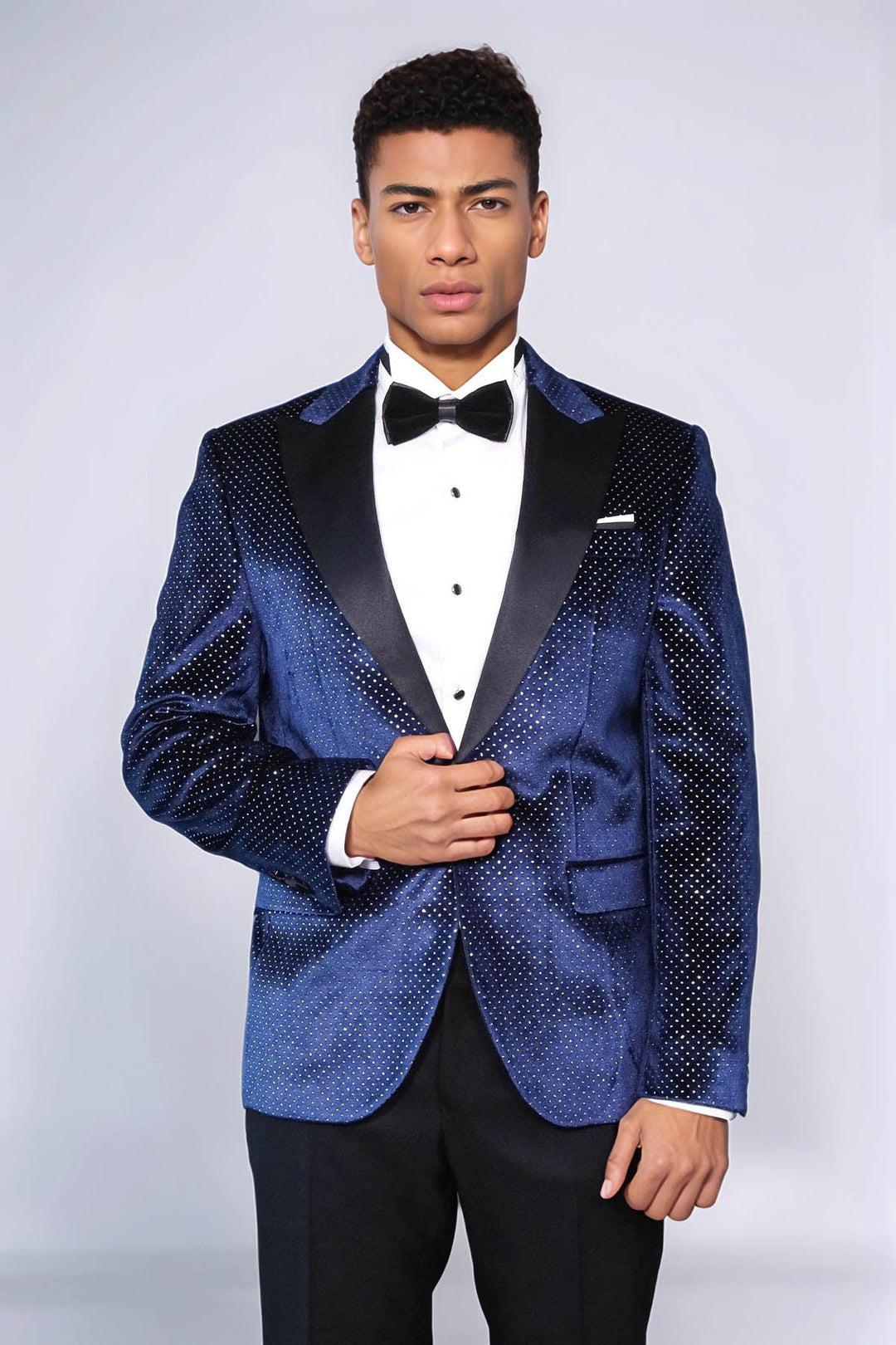 Sparkling Dotted Peak Lapel Men's Navy Blue Tuxedo Jacket - Wessi