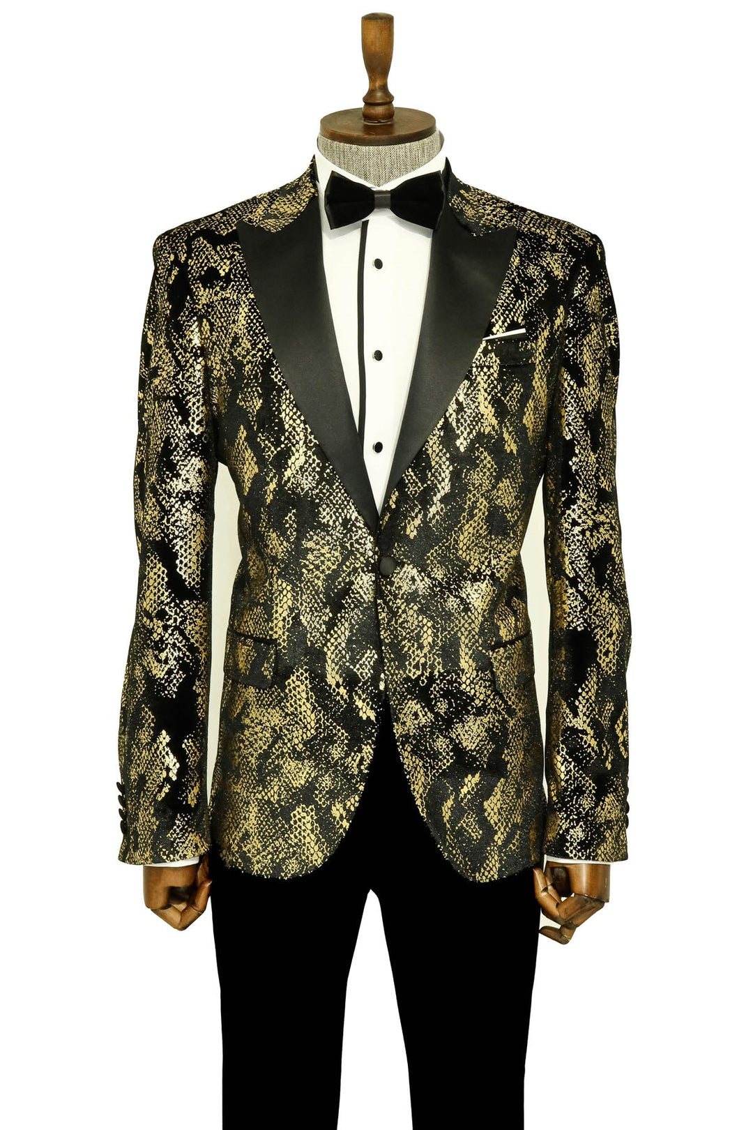 Blazer de fiesta para hombre, negro, estampado dorado, corte entallado y solapa de pico