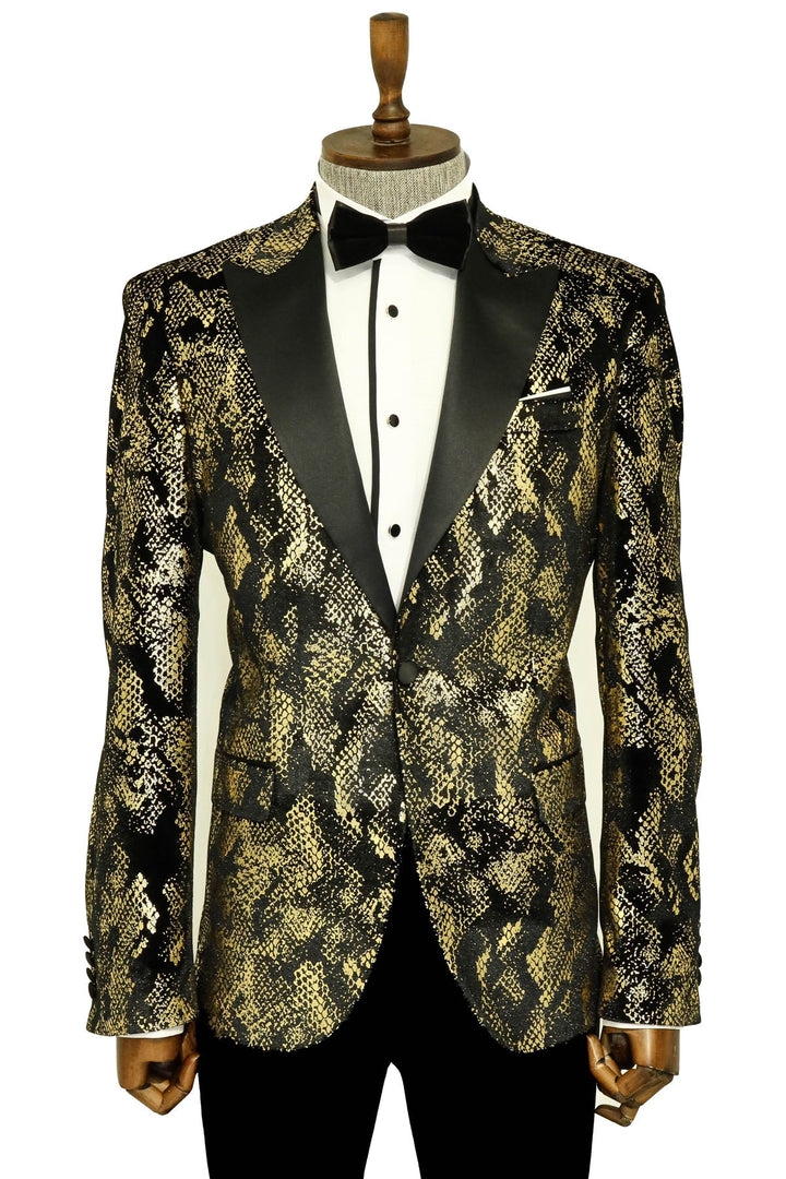 Blazer de fiesta para hombre, negro, estampado dorado, corte entallado y solapa de pico