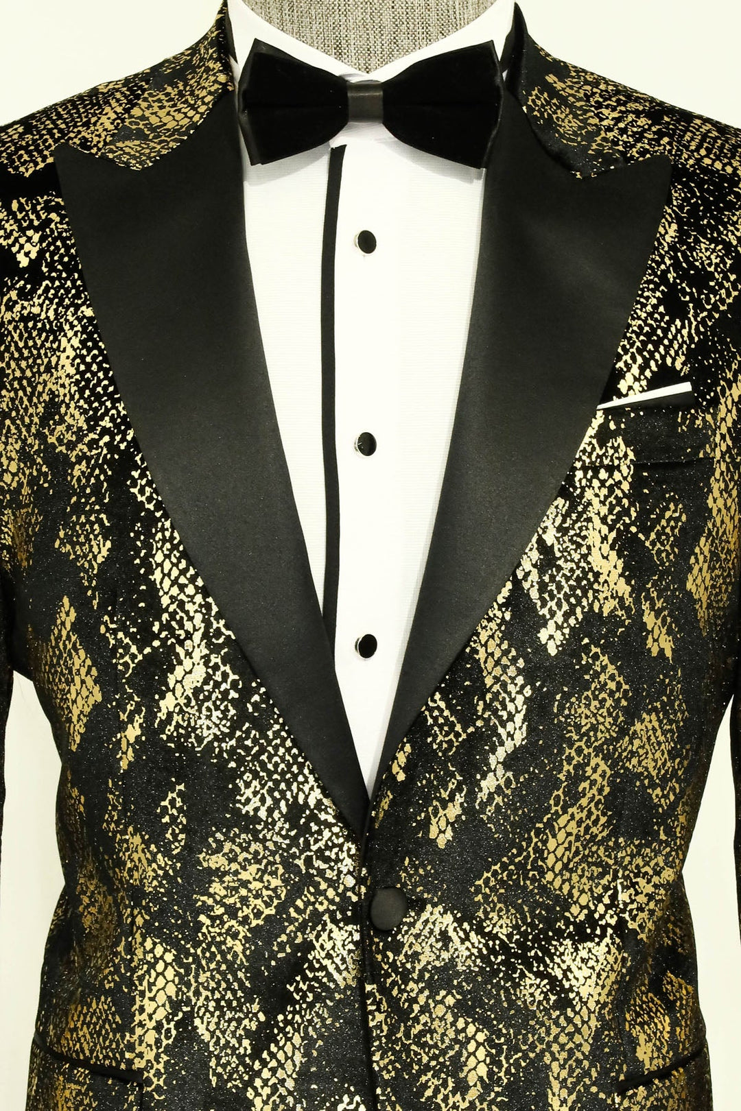 Blazer de fiesta para hombre, negro, estampado dorado, corte entallado y solapa de pico