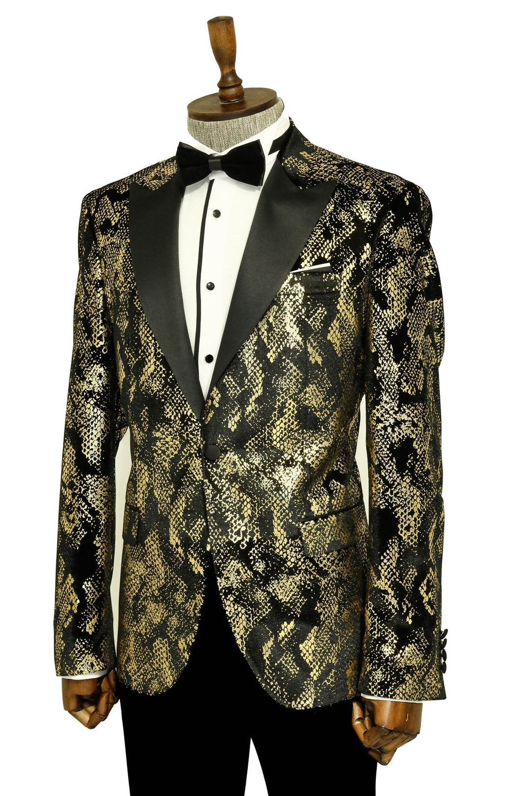 Blazer de fiesta para hombre, negro, estampado dorado, corte entallado y solapa de pico