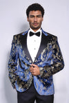 Peak Lapel Slim Fit Gold Patterned Navy Blue Men Prom Blazer