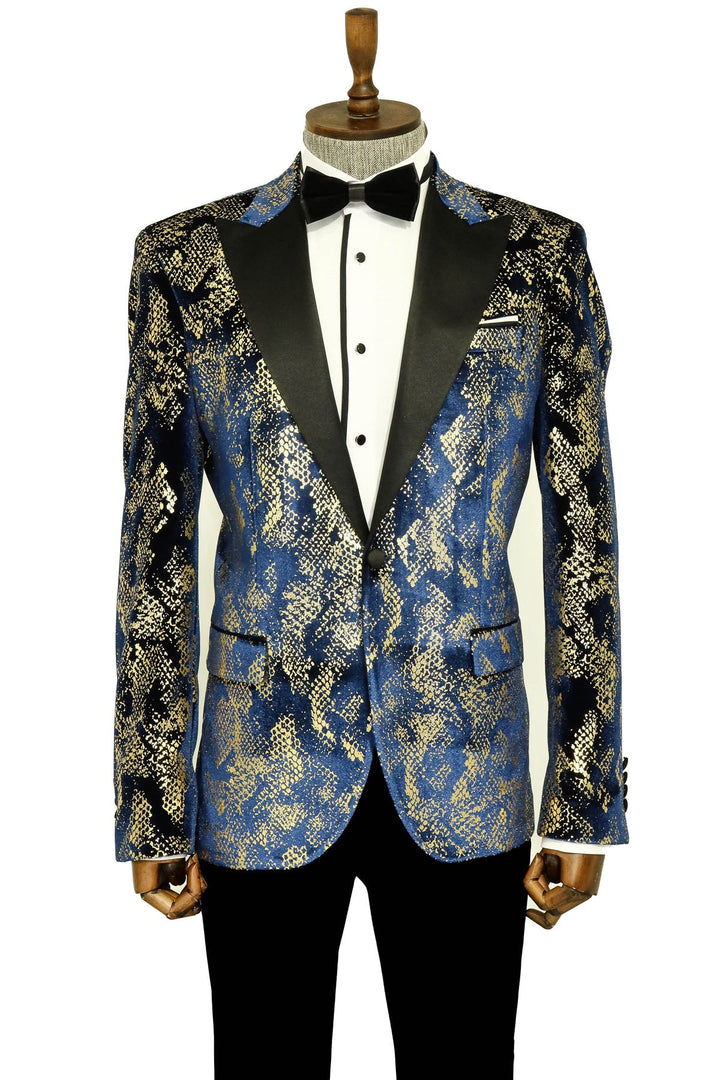 Blazer de fiesta para hombre azul marino con estampado dorado y corte entallado con solapa en pico