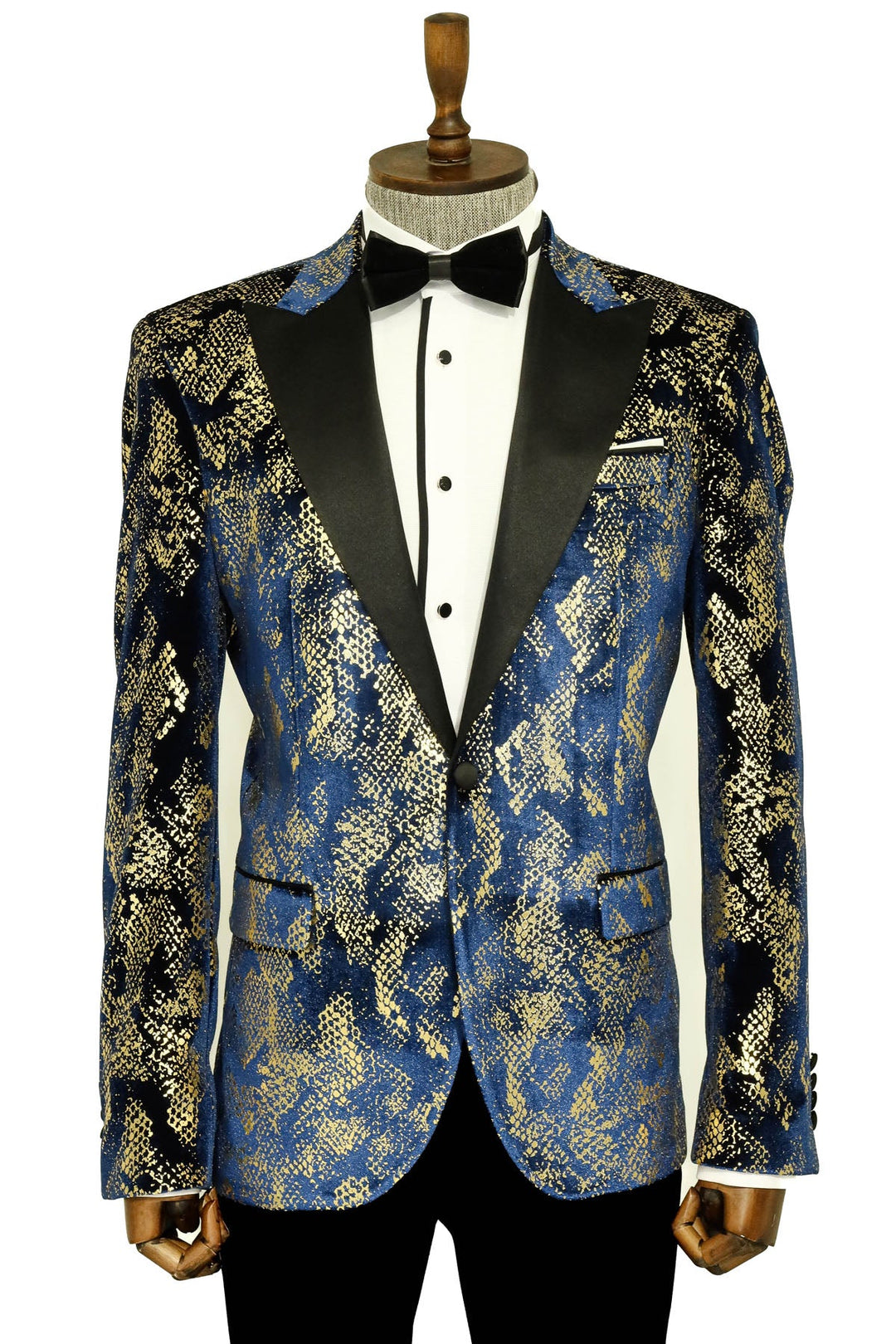 Blazer de fiesta para hombre azul marino con estampado dorado y corte entallado con solapa en pico