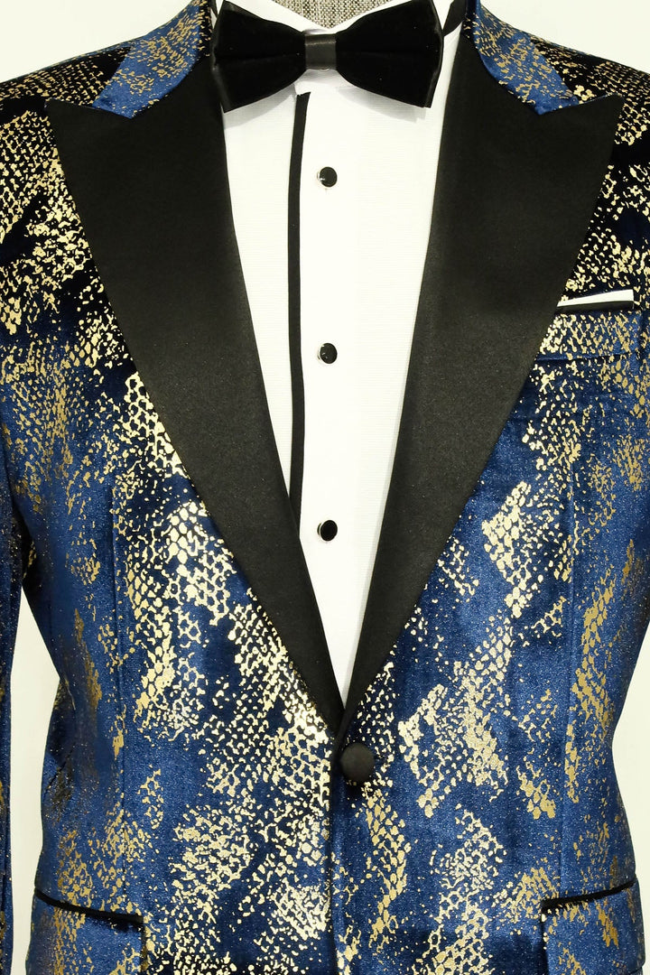 Blazer de fiesta para hombre azul marino con estampado dorado y corte entallado con solapa en pico