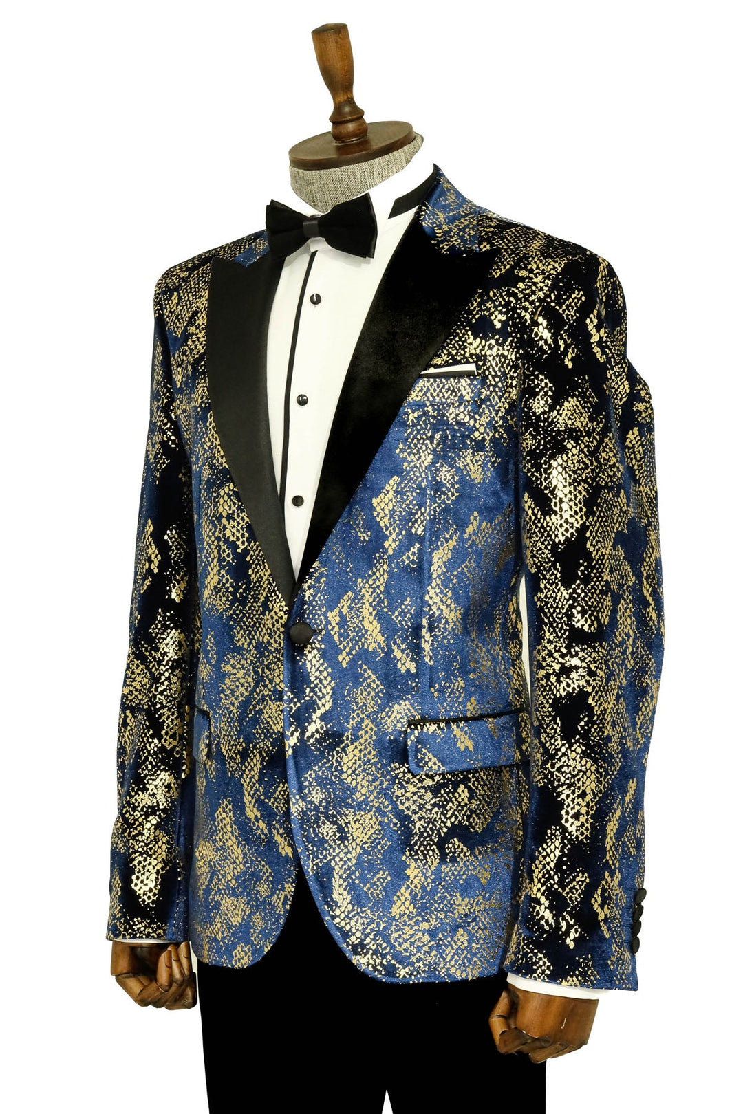 Blazer de fiesta para hombre azul marino con estampado dorado y corte entallado con solapa en pico