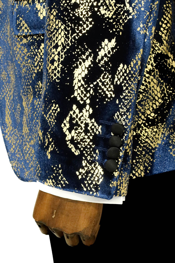 Blazer de fiesta para hombre azul marino con estampado dorado y corte entallado con solapa en pico