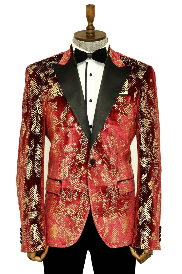 Blazer de fiesta para hombre en color burdeos con estampado dorado y corte entallado con solapa en pico