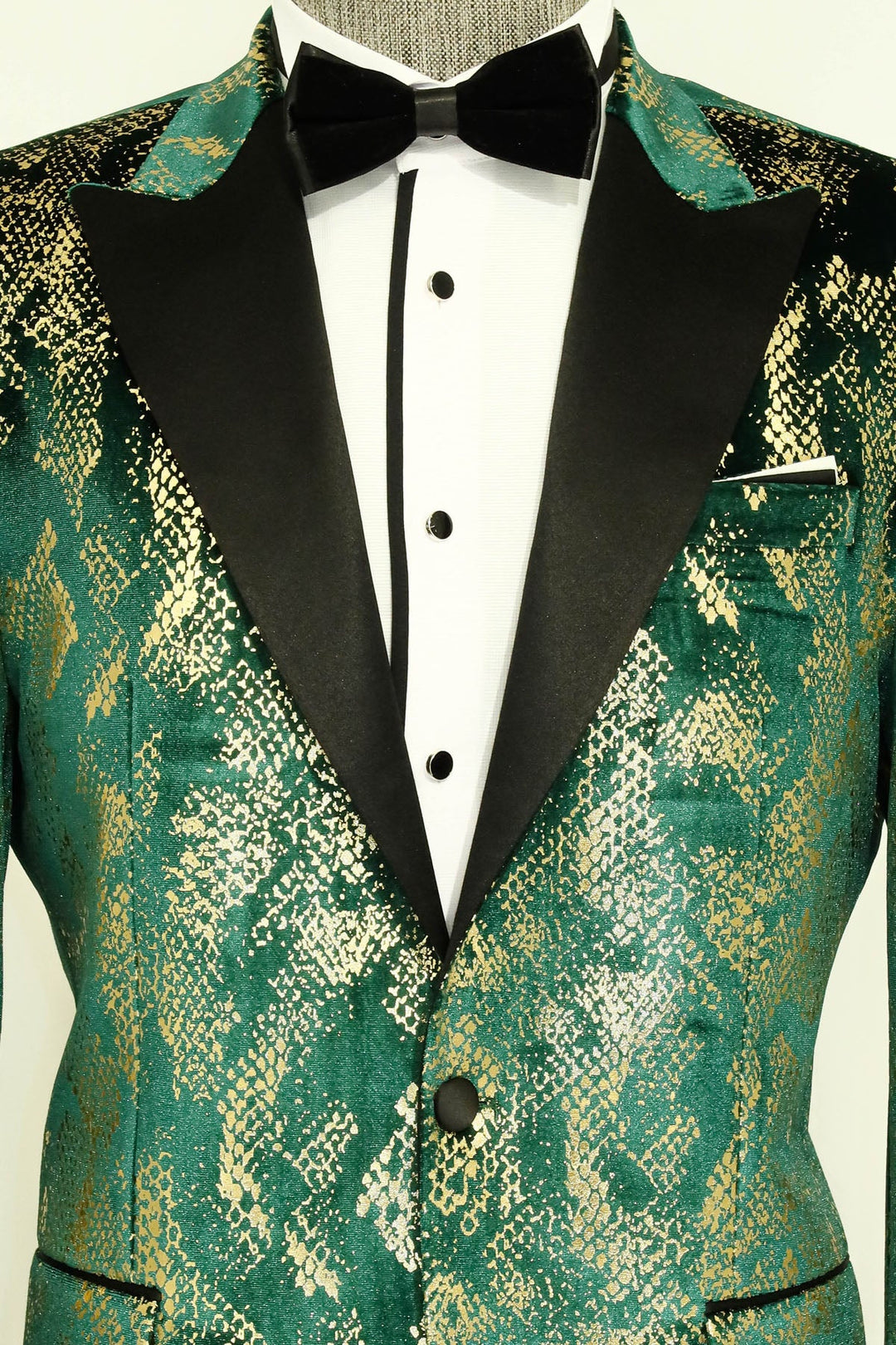 Blazer de fiesta para hombre con solapa en pico, corte ajustado, estampado dorado y verde