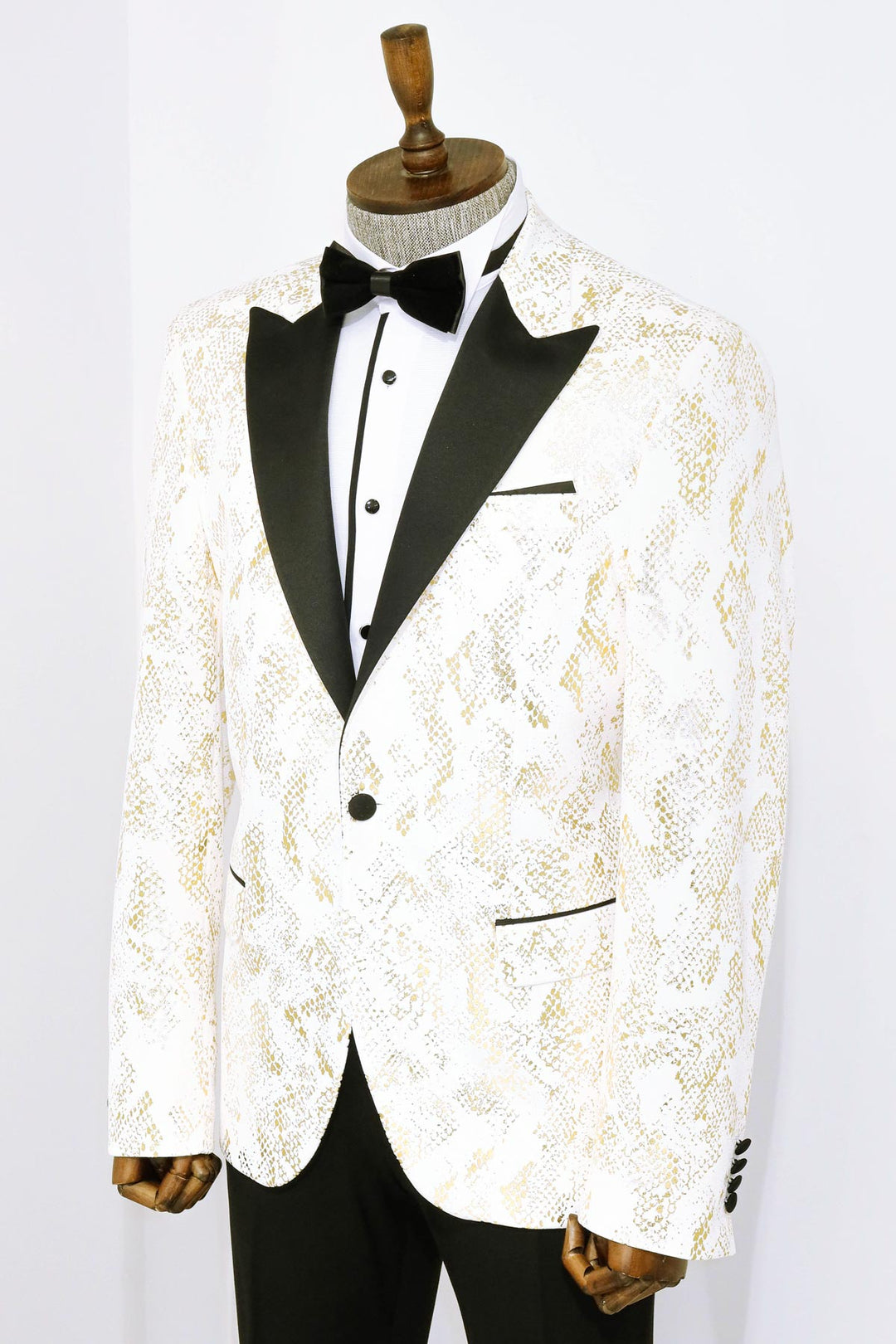 Blazer de fiesta para hombre blanco con estampado dorado y corte entallado con solapa en pico