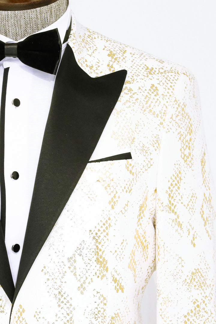 Blazer de fiesta para hombre blanco con estampado dorado y corte entallado con solapa en pico