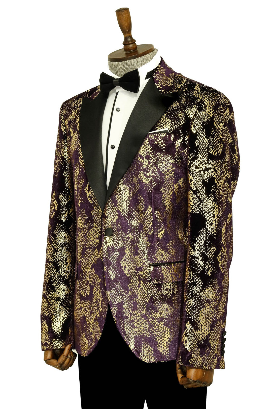 Blazer de fiesta para hombre entallado con solapa en pico, estampado dorado y morado