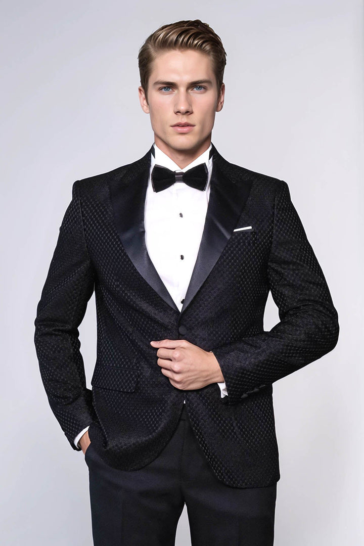 Satin Shawl Lapel Textured Men's Royal Black Tuxedo Jacket - Wessi