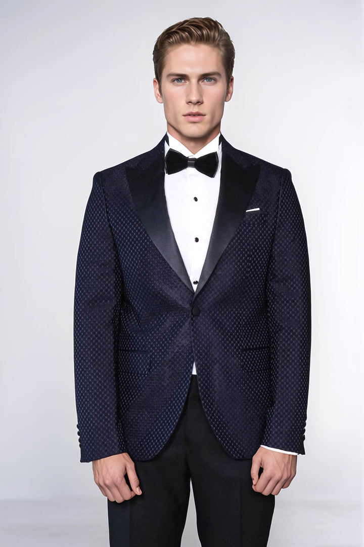 Satin Shawl Lapel Textured Men's Navy Blue Tuxedo Jacket - Wessi