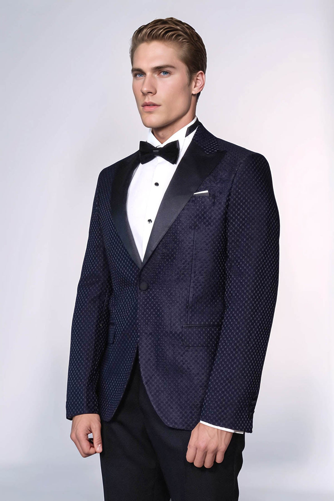 Satin Shawl Lapel Textured Men's Navy Blue Tuxedo Jacket - Wessi