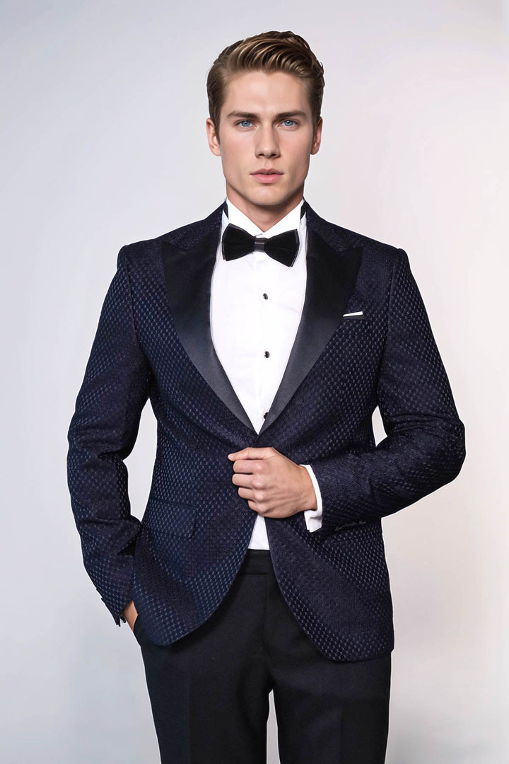 Satin Shawl Lapel Textured Men's Navy Blue Tuxedo Jacket - Wessi