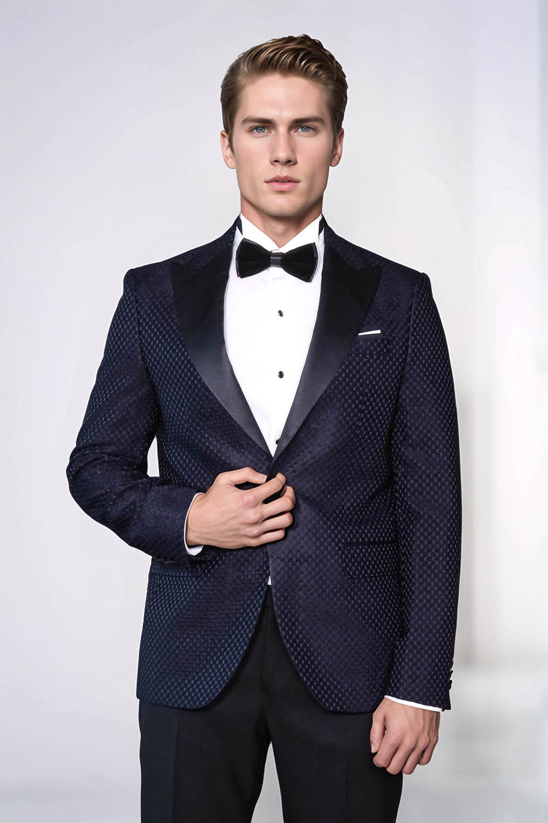 Satin Shawl Lapel Textured Men's Navy Blue Tuxedo Jacket - Wessi