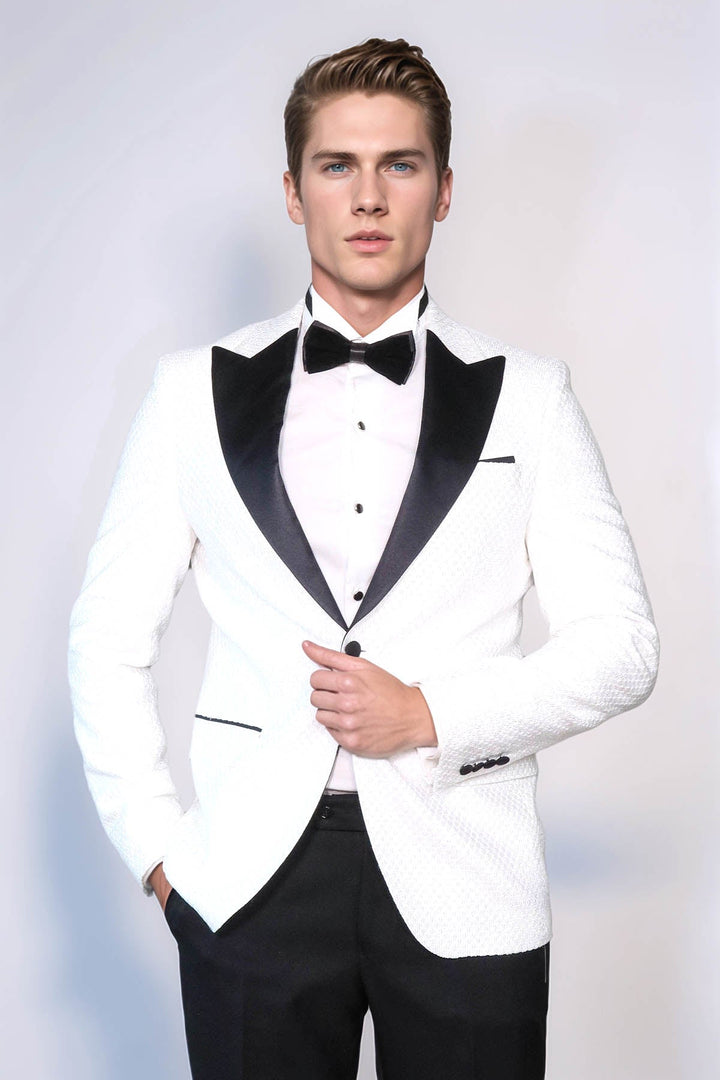 Satin Shawl Lapel Textured Men's White Tuxedo Jacket - Wessi