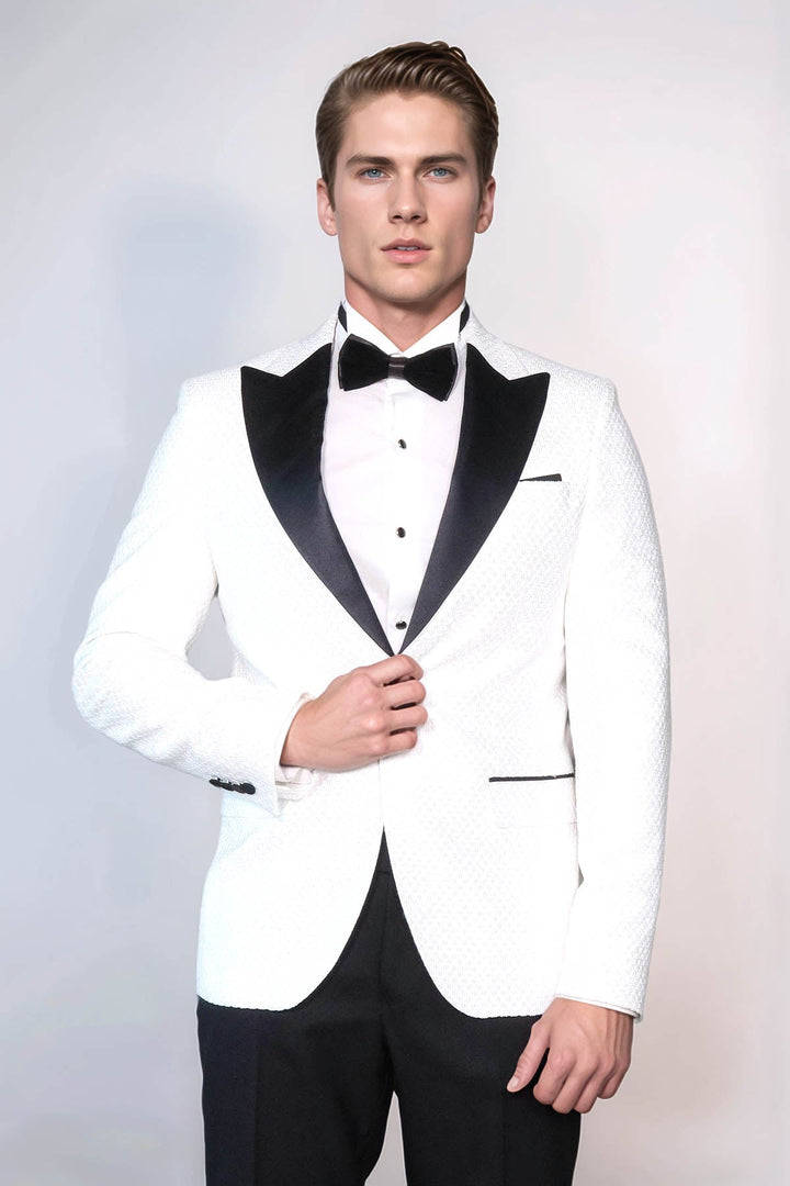 Satin Shawl Lapel Textured Men's White Tuxedo Jacket - Wessi