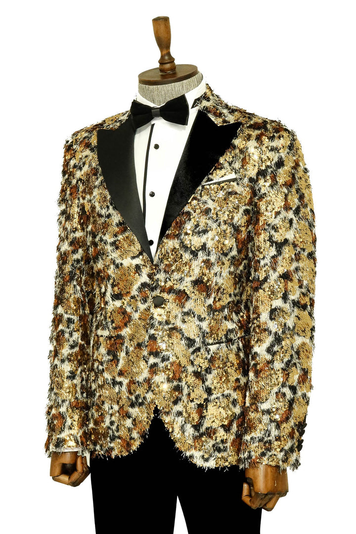 White and Gold Feather Patterned Men's Prom Jacket - Wessi