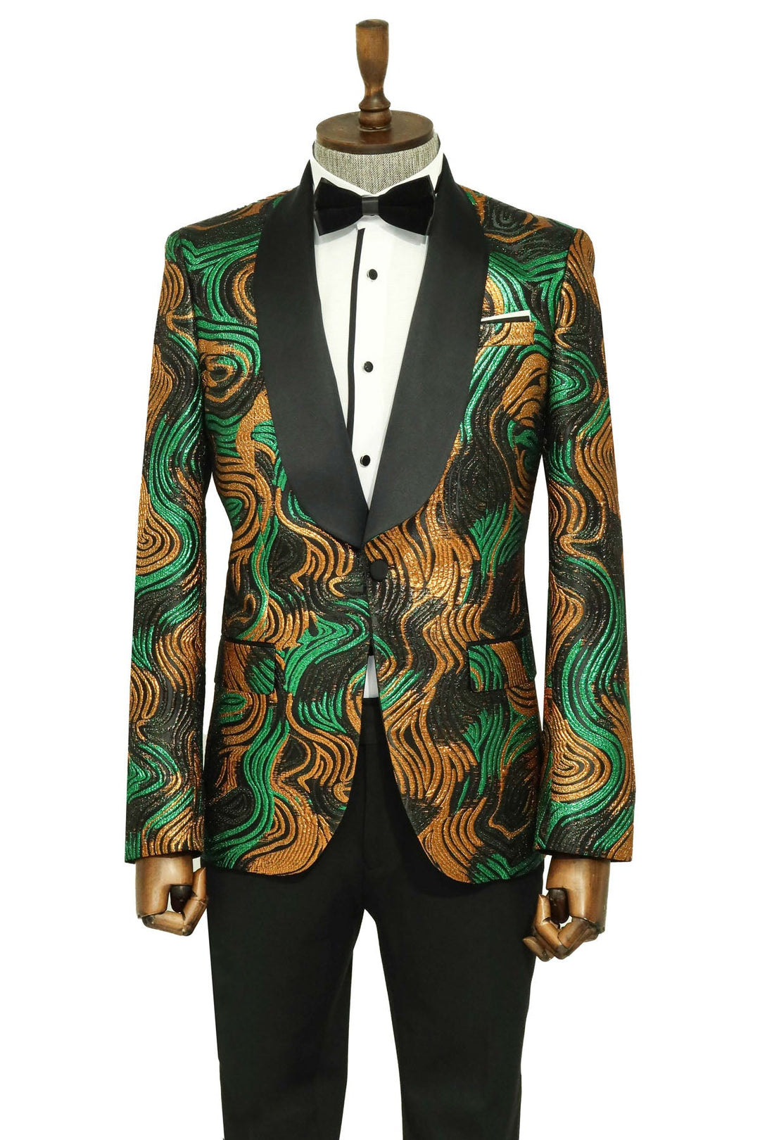 Blazer de fiesta para hombre con estampado dorado y verde sobre negro - Wessi