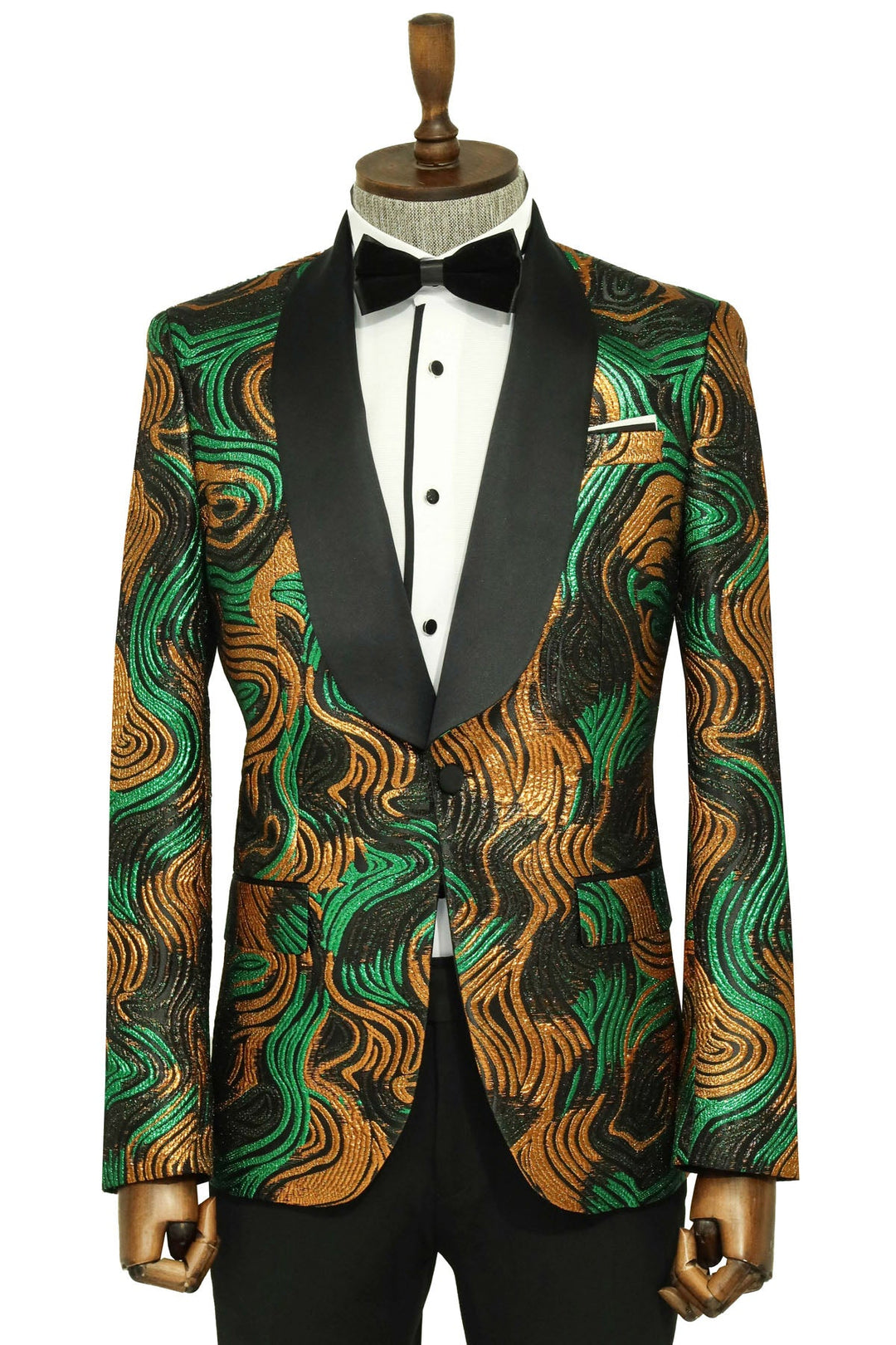 Blazer de fiesta para hombre con estampado dorado y verde sobre negro - Wessi