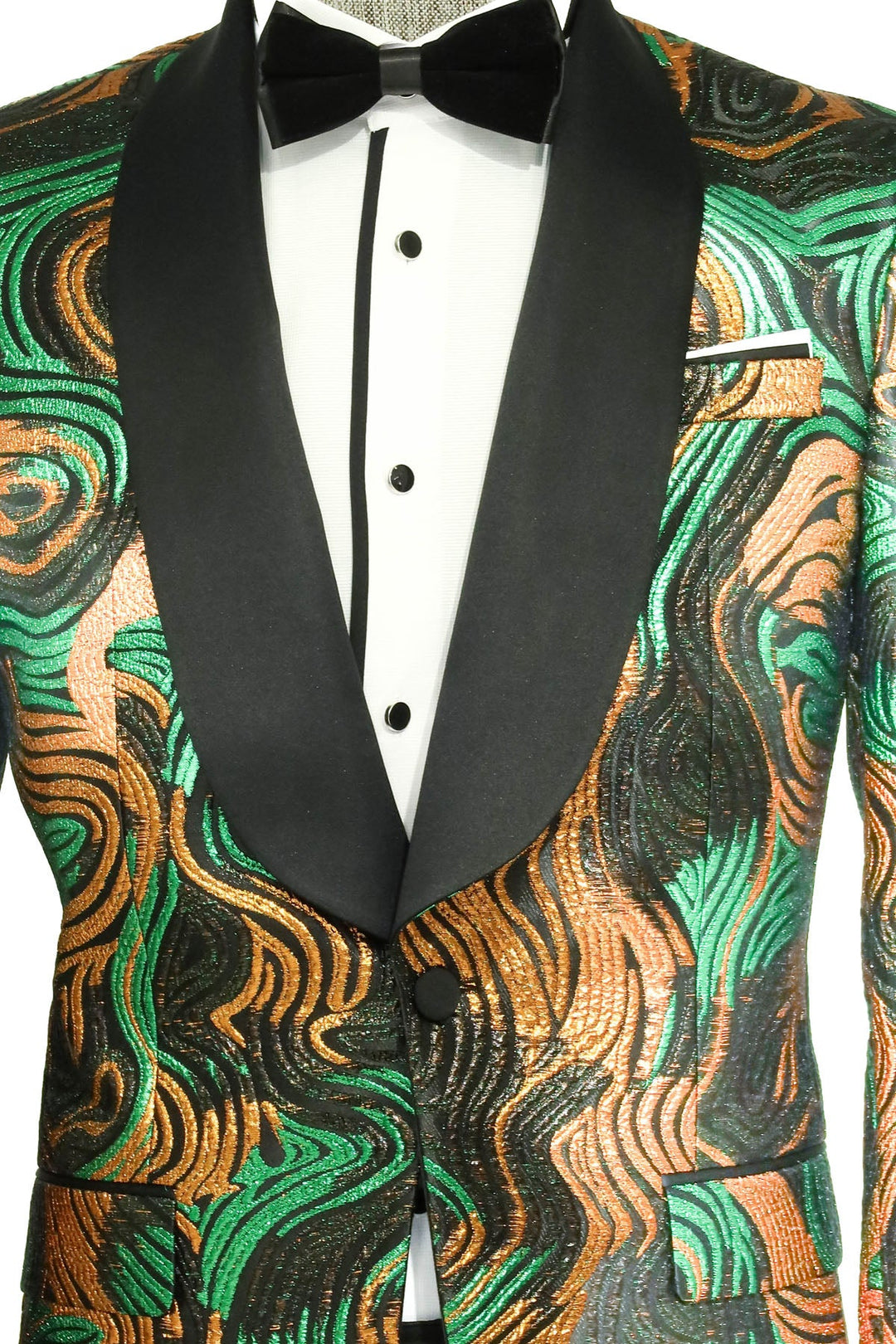 Blazer de fiesta para hombre con estampado dorado y verde sobre negro - Wessi