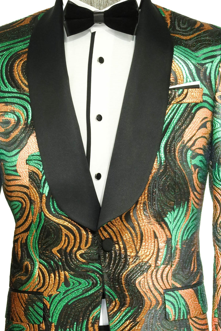 Gold-Green Patterned Over Black Men Prom Blazer - Wessi