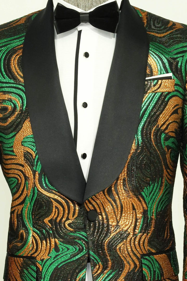 Blazer de fiesta para hombre con estampado dorado y verde sobre negro - Wessi