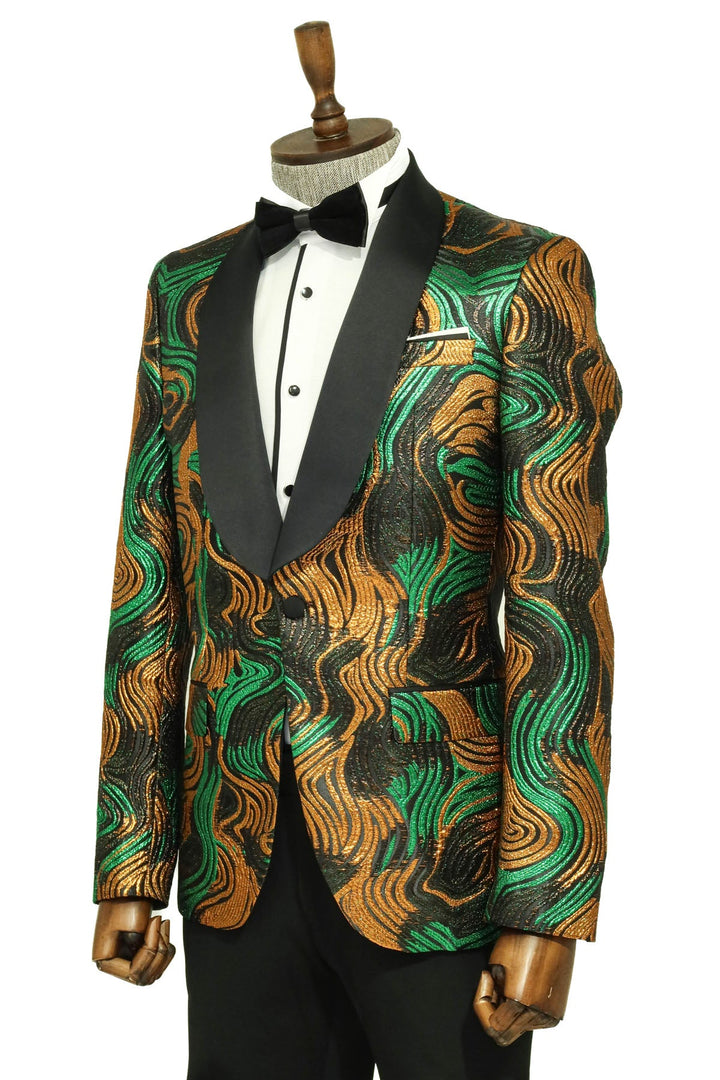 Gold-Green Patterned Over Black Men Prom Blazer - Wessi