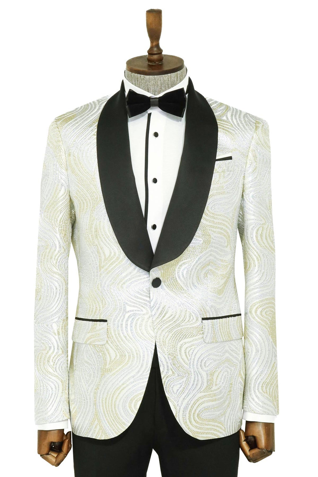 Gold Patterned Over White Men Prom Blazer - Wessi