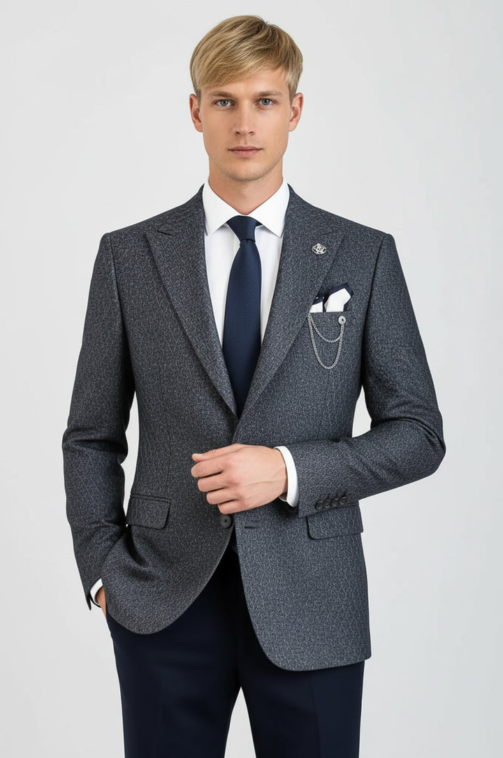 Wool Patterned Slim-Fit Navy Blue Men Blazer - Wessi