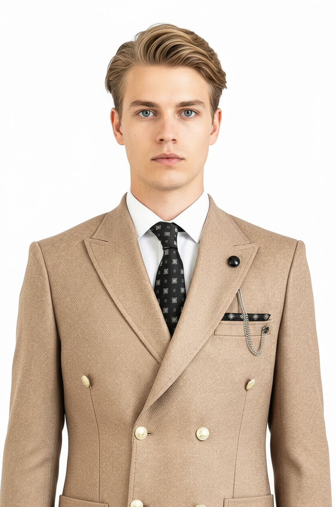 Double Breasted Slim Fit Cream Men Blazer - Wessi