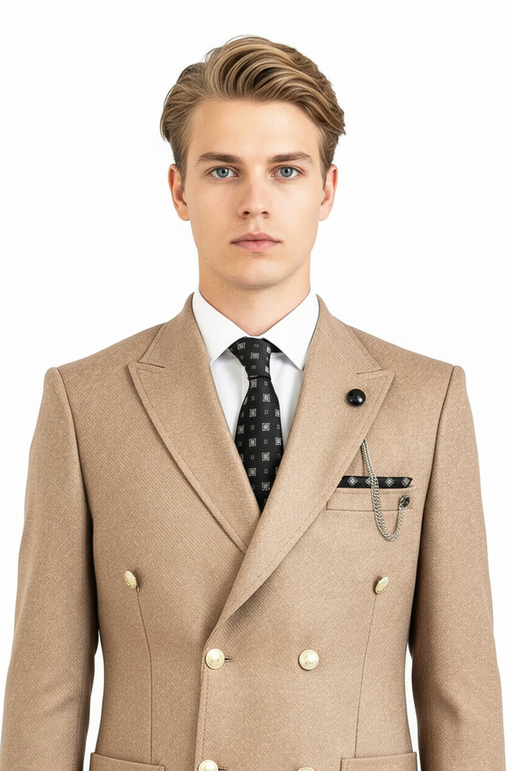 Double Breasted Slim Fit Cream Men Blazer - Wessi