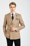 Double Breasted Slim Fit Cream Men Blazer - Wessi