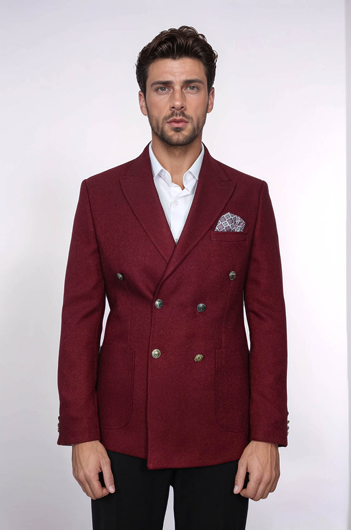 Double Breasted Slim Fit Burgundy Men Blazer - Wessi