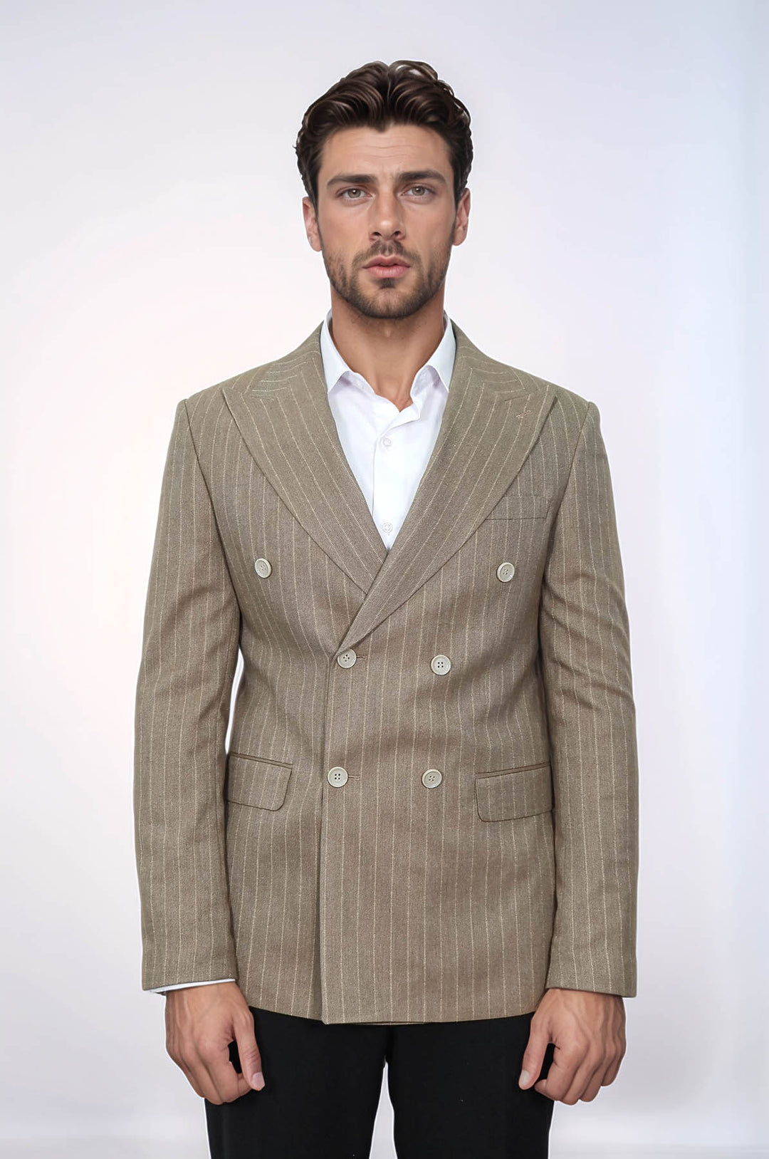 Striped Double Breasted Light Brown Men Blazer - Wessi