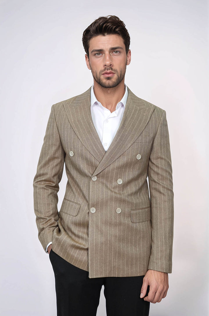 Striped Double Breasted Light Brown Men Blazer - Wessi