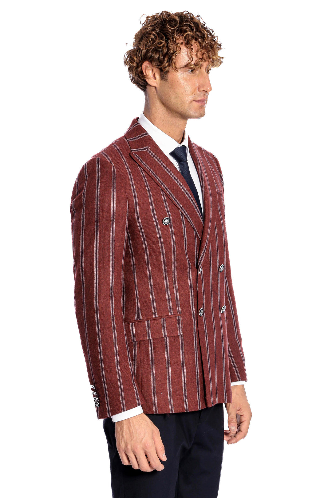 Wide Lapel Striped Double Breasted Burgundy Men Blazer - Wessi